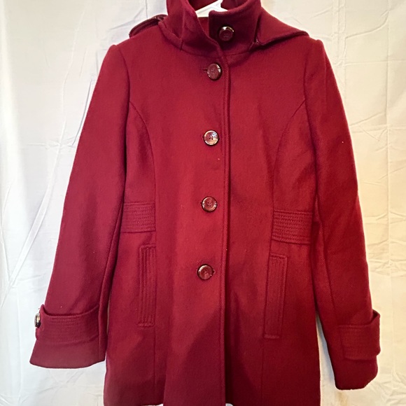 NWT Kennith Cole New York Women’s Size 2 Cranberry Wool Blend Coat W/ Hood - Picture 3 of 6